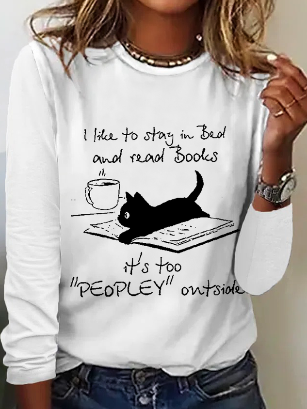 Women's Funny Cat Print Casual Crew Neck Cotton-Blend Shirt socialshop