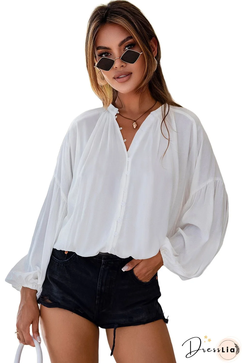 White V Neck Balloon Sleeve Shirt in Solid Color