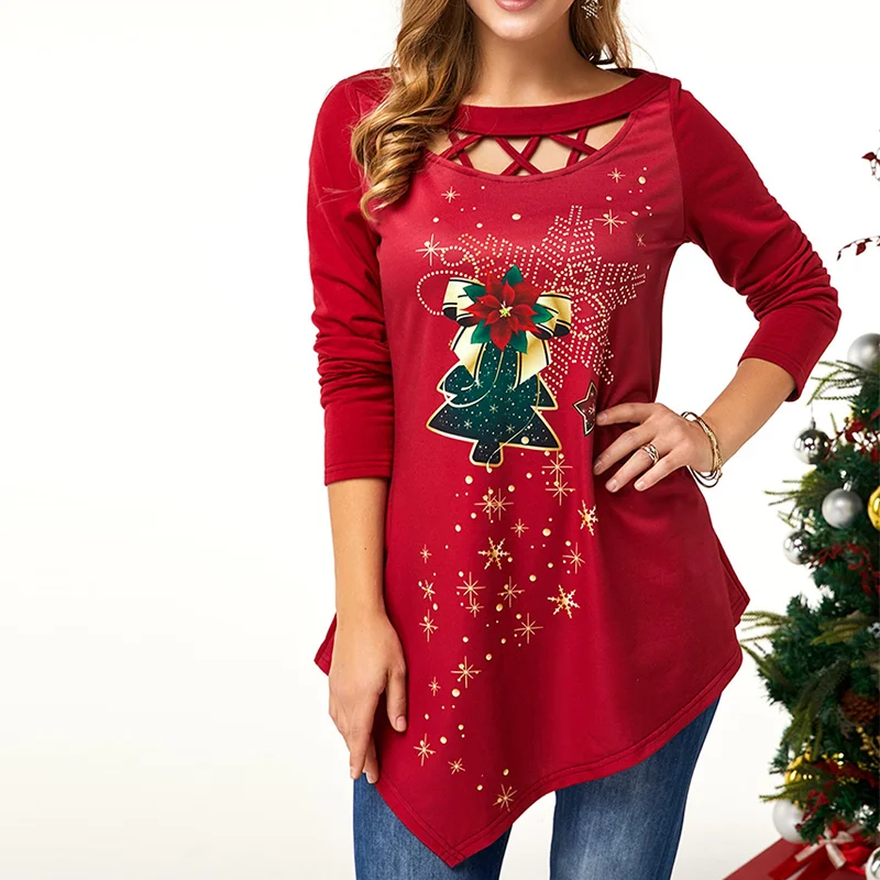 Women's Hollow Design Christmas Tree And Starry Pattern Print Long T-shirt