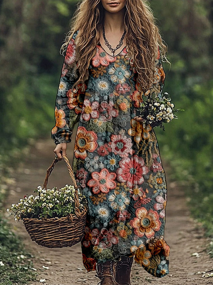 Vintage Boho Flowers Embroidered Linen Blend Maxi Dress wearshes