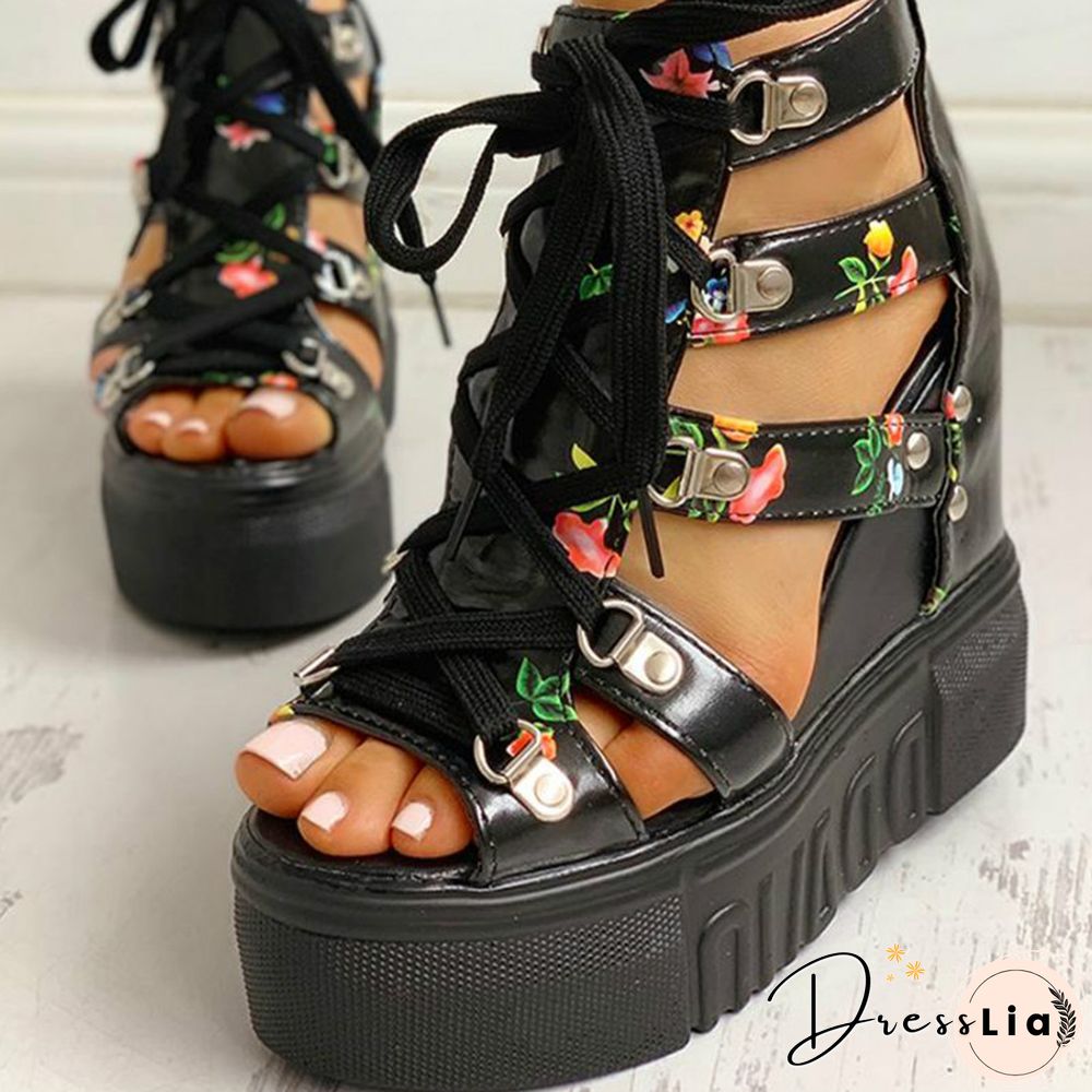 INS Hot Print Leisure Wedges Women's Shoes Summer Shoes Women Sandals Platform Shoelaces High Heels Casual Shoes Woman