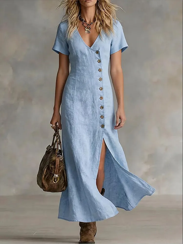 Casual Linen Cotton Button Dress