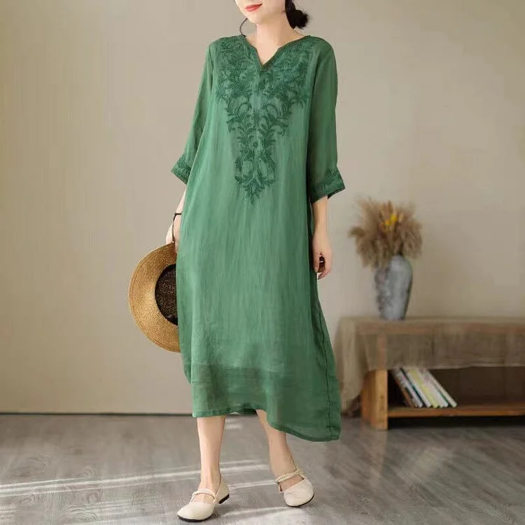 Sunmer Linen Retro Embroidery Losoe Causal Dress