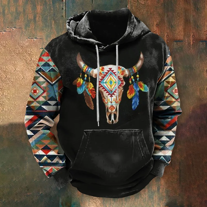 Vintage Western Bull Head Tribal Print Hoodie