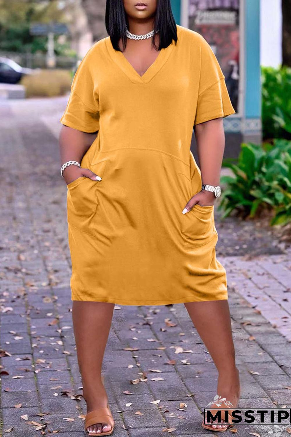 Dark Blue Fashion Casual Solid Basic V Neck Short Sleeve Dress