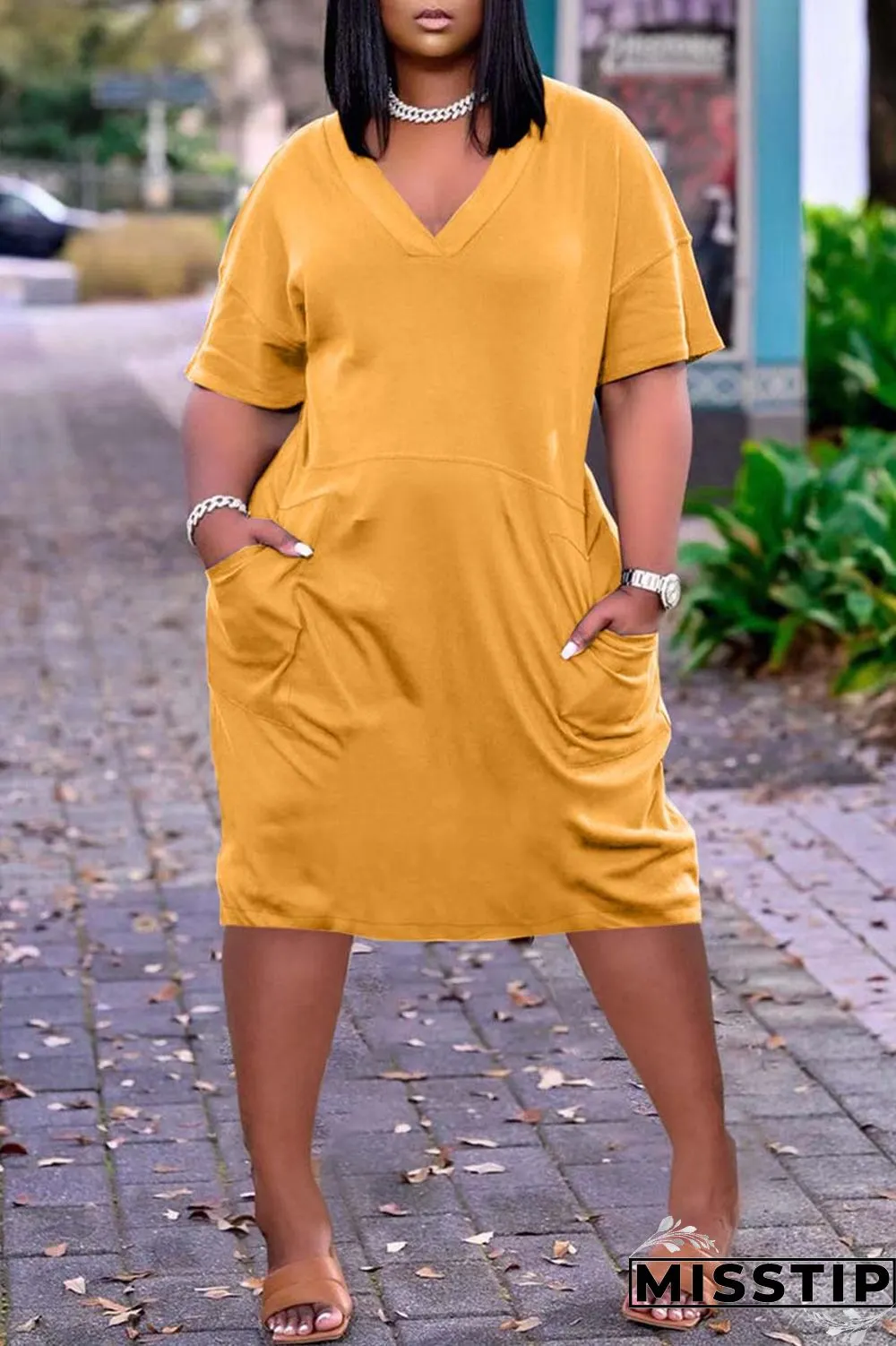 Dark Blue Fashion Casual Solid Basic V Neck Short Sleeve Dress