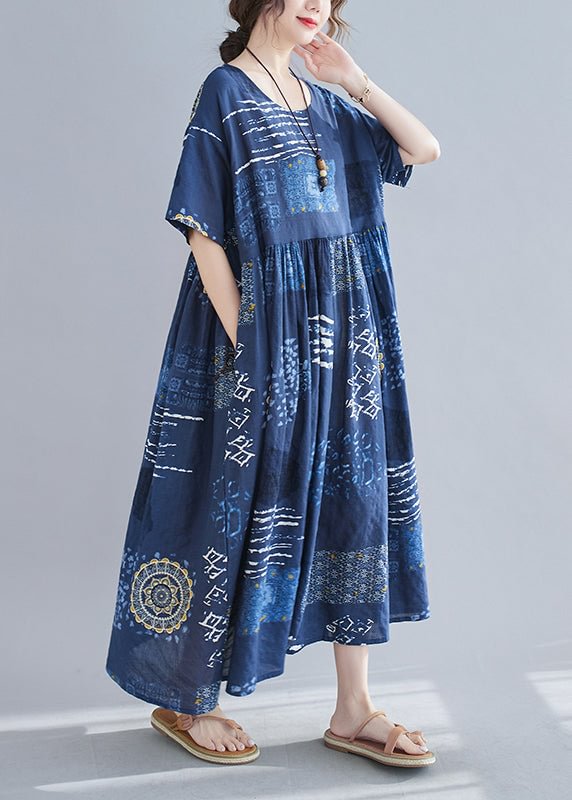 Loose Blue O-Neck Print wrinkled Beach Dress Short Sleeve CK2361- Fabulory