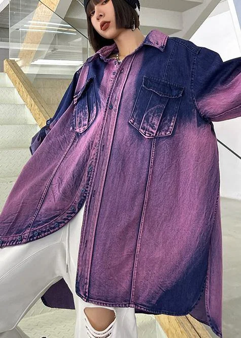 Classy Tie Dye Purple Asymmetrical Design Cotton Long Sleeve Spring Shirt
