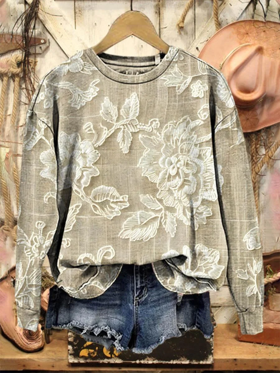 Vintage Lovely Lace Floral Pattern Art Print Casual Sweatshirt