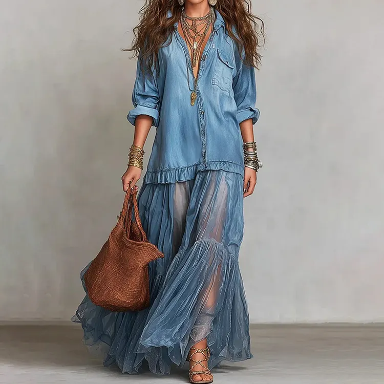 Retro Lapel Denim Splicing Mesh Casual Pocket Dress