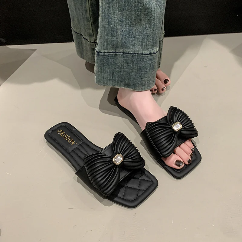 Yyvonne Flat-Bottomed Slippers Women 2025 Summer New Bows One-Word Fashion Drag Wear Women Drag Tide