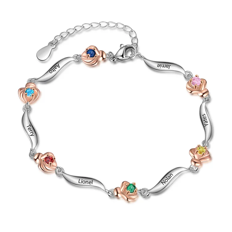 6 Names-Personalized Flower Bracelet With 6 Birthstones Custom Names Bracelet Gift For Women