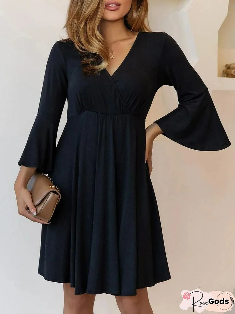 Casual Plain Autumn V Neck Daily Jersey Long Sleeve Flare Sleeve A-Line Dresses For Women