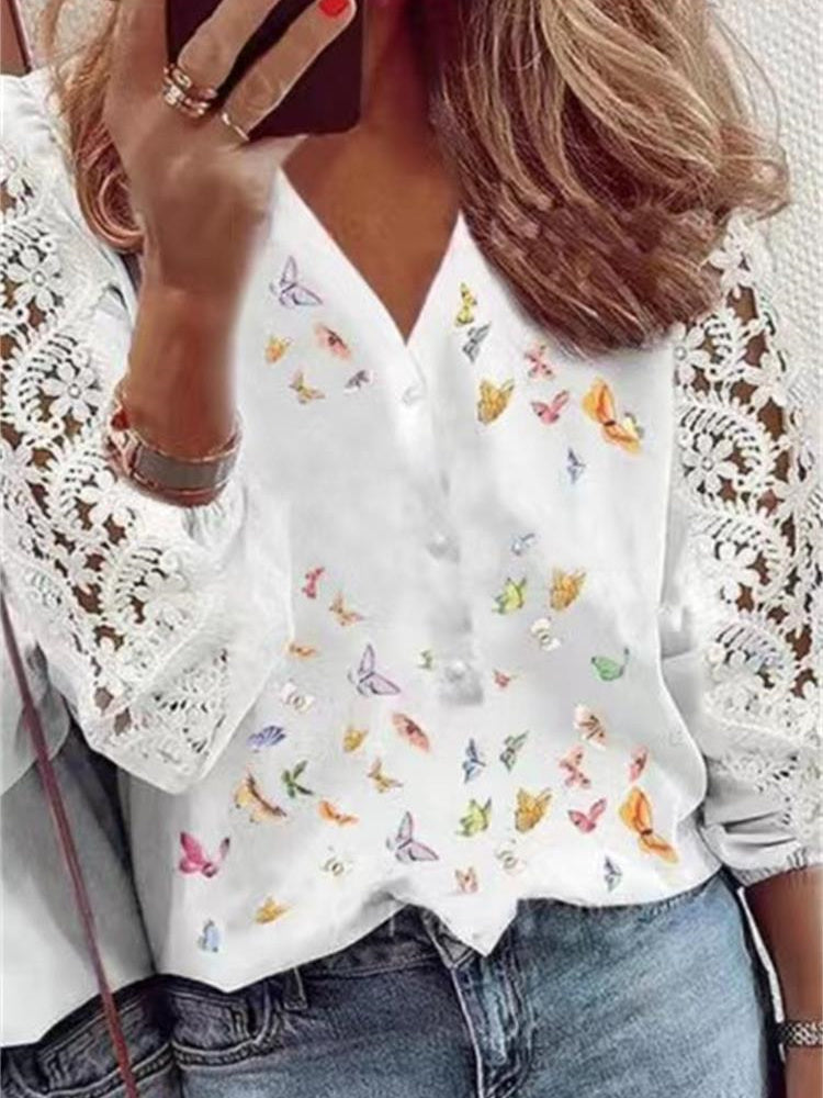 Women Long Sleeve V-neck Graphic Floral Printed Top