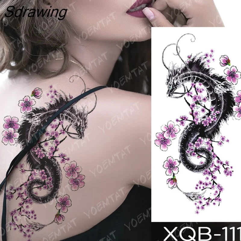 Sdrawing Temporary Tattoo Sticker Rose Snake Flower Tattoos Lace Tiger Dragon Body Art Arm Fake Sleeve Tatoo Women