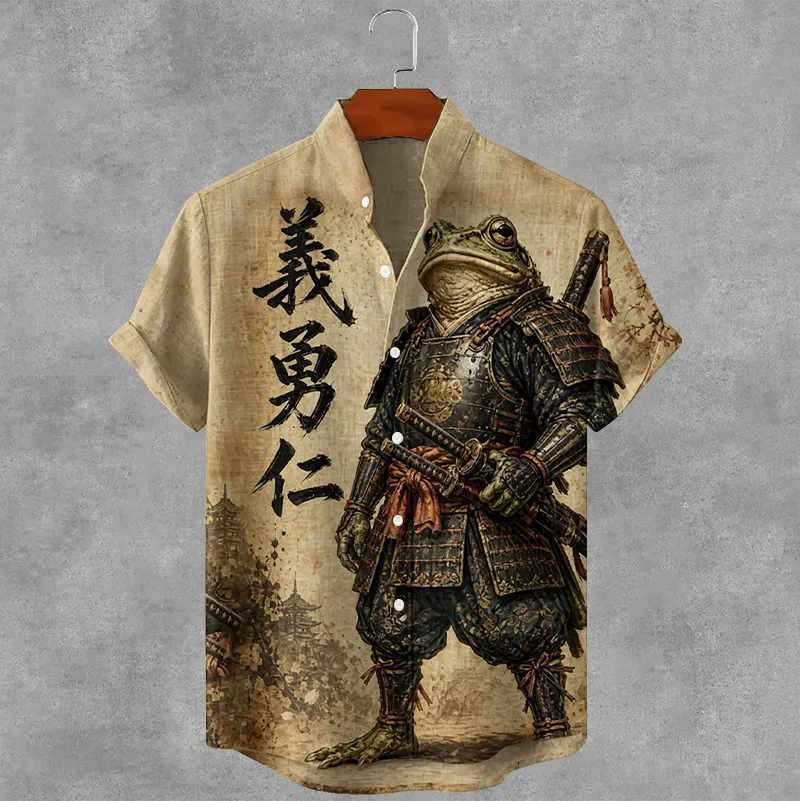 Vintage Japanese Warrior Frog Pattern Art Print Casual Cotton Linen Shirt  artssus