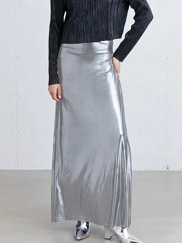 Shiny Solid Color A-line Bodycon Skirts Bottoms