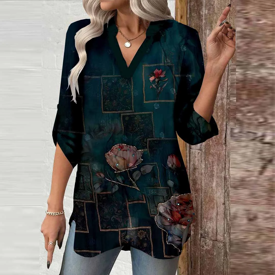 Women Floral, Patchwork, Dark Blue DZGA0440 3/4 Sleeve V-neck Printed Graphic Button Tops