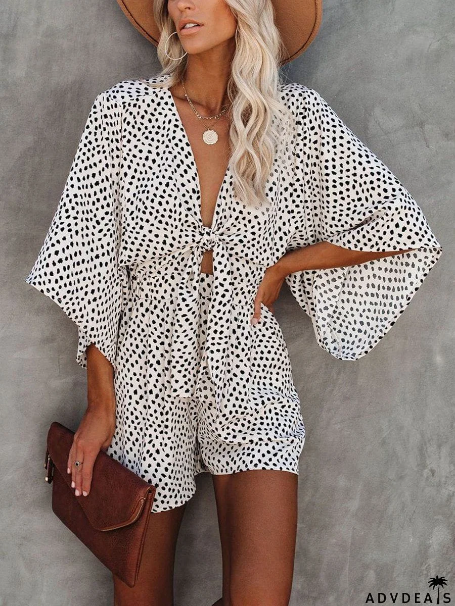 Printed Knotted Flared Sleeve Rompers