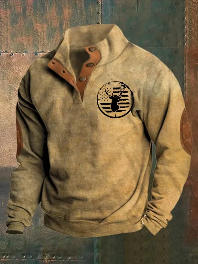 Men'S Deer Flag Printed Buttons Casual Sweatshirt