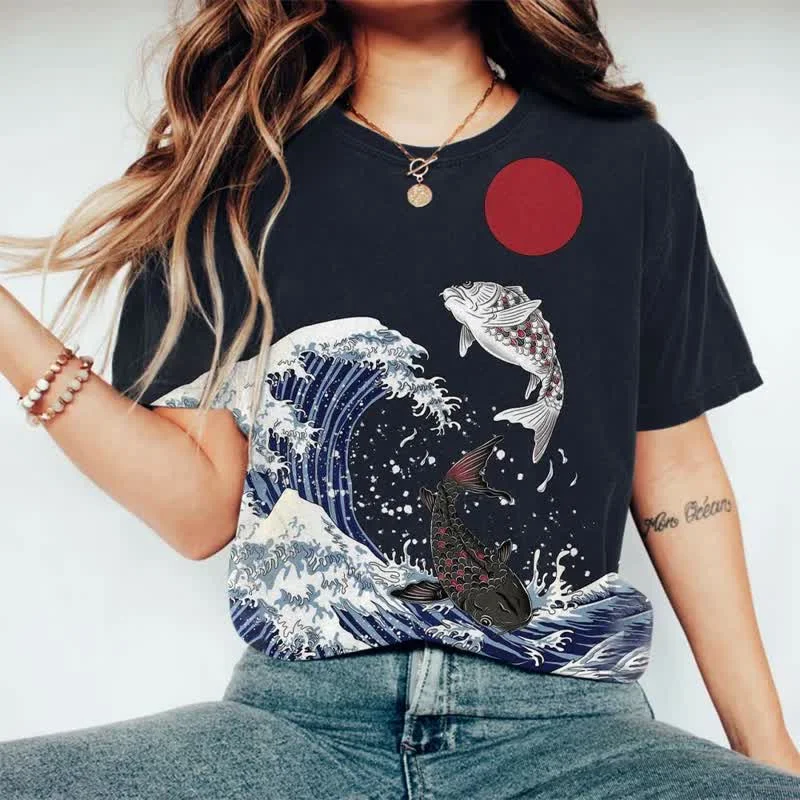 Japanese Wave And Carp Print T-Shirt
