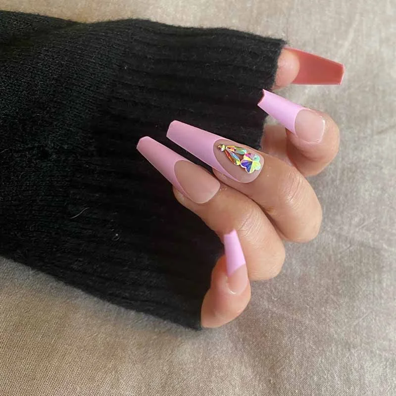 24pcs Fake long fingernail Ballet Nude color transparent Pink cloud Manicure patch press on nails with designs for girls sticker-Nail Inspo