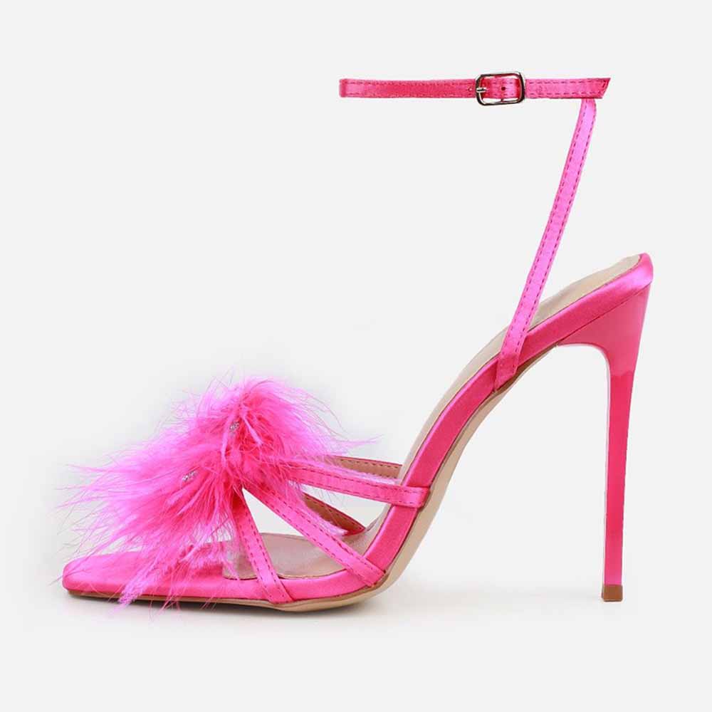 Pink Satin Pointed Toe Stiletto Heel Ankle Strap Sandals with Feather Nicepairs