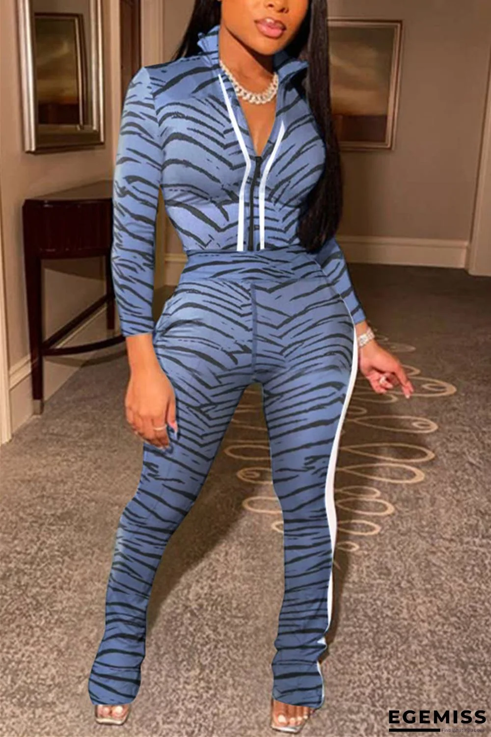 Blue Fashion adult Ma'am Lightly cooked Patchwork Print Two Piece Suits Straight Long Sleeve Two Pieces | EGEMISS