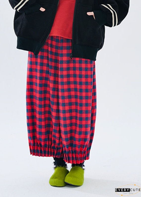 Loose Red Plaid Patchwork Pockets Elastic Waist Lantern Crop Pants Fall