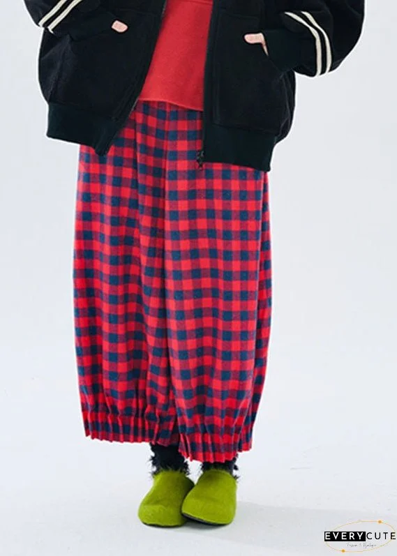 Loose Red Plaid Patchwork Pockets Elastic Waist Lantern Crop Pants Fall