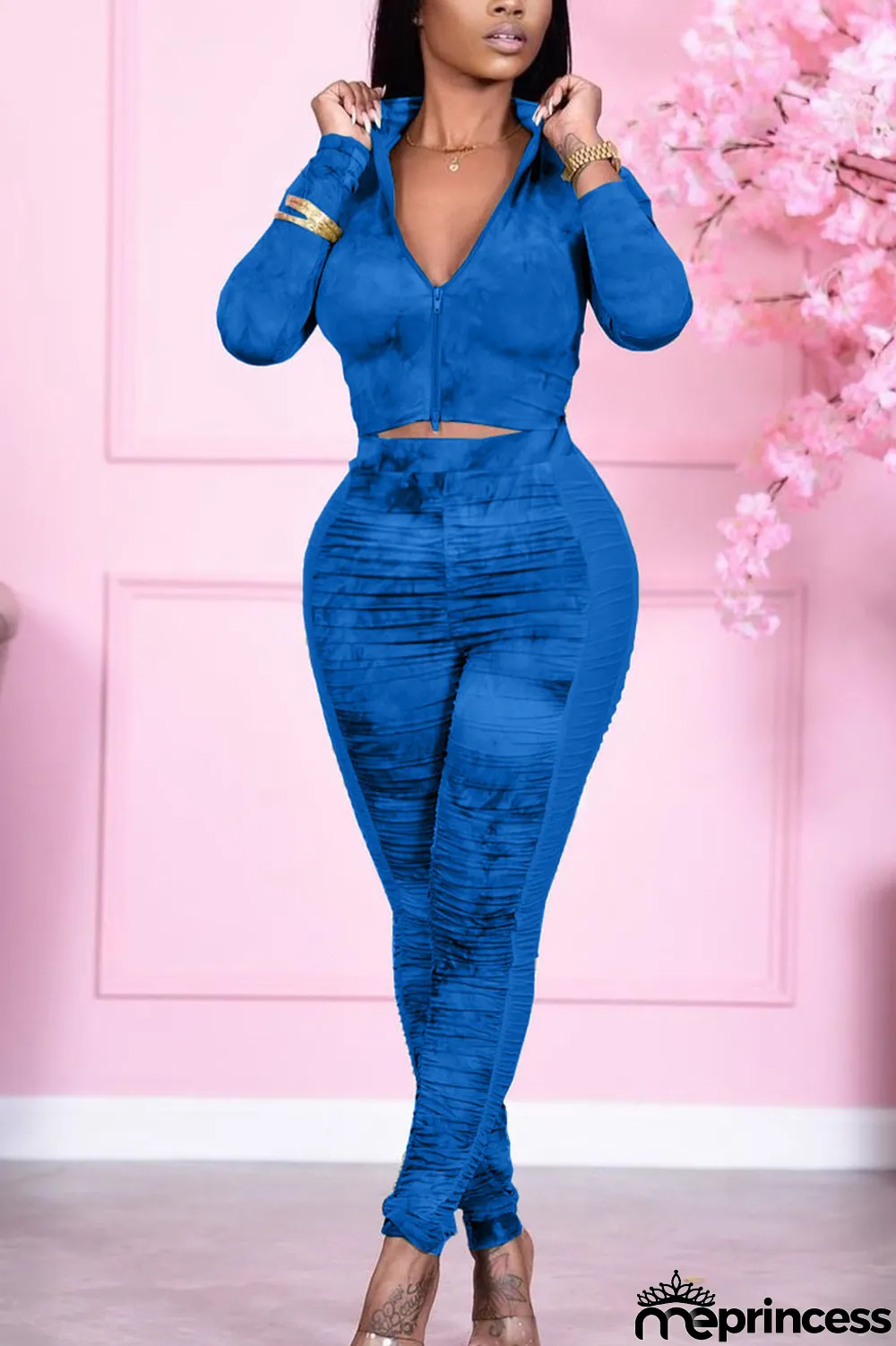 Blue Casual Print Solid Split Joint Zipper Collar Long Sleeve Two Pieces