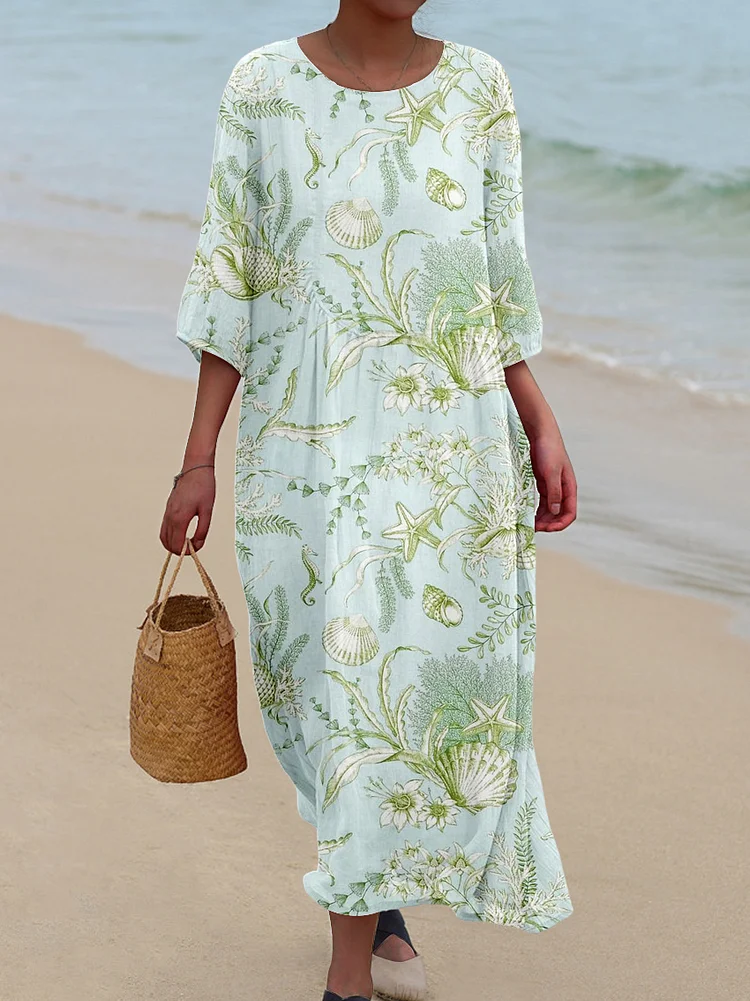 Womens Elegant Underwater World Pattern Pocket Cotton Dress
