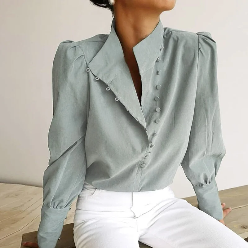 Billlnai 2023 Graduation party  Women Turtleneck Blouse Long Sleeve Elegant White Shirts Casual Solid Single-Breasted Puff Sleeves Office Ladies Top Autumn