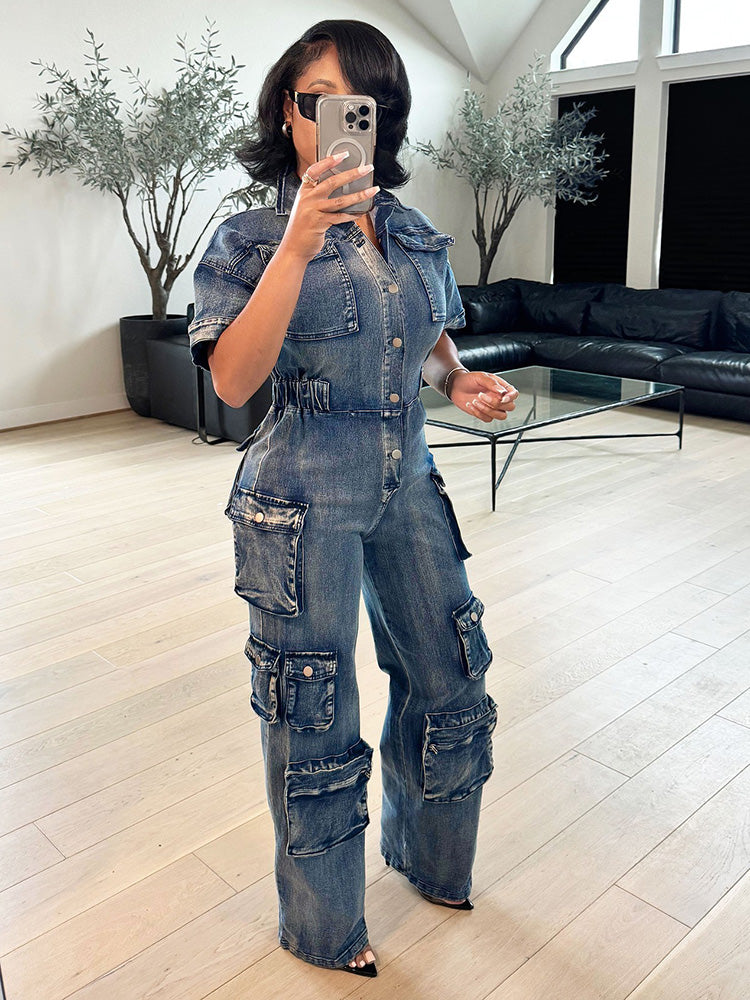 Multi Pockets Cargo Jeans Jumpsuit. main image 1