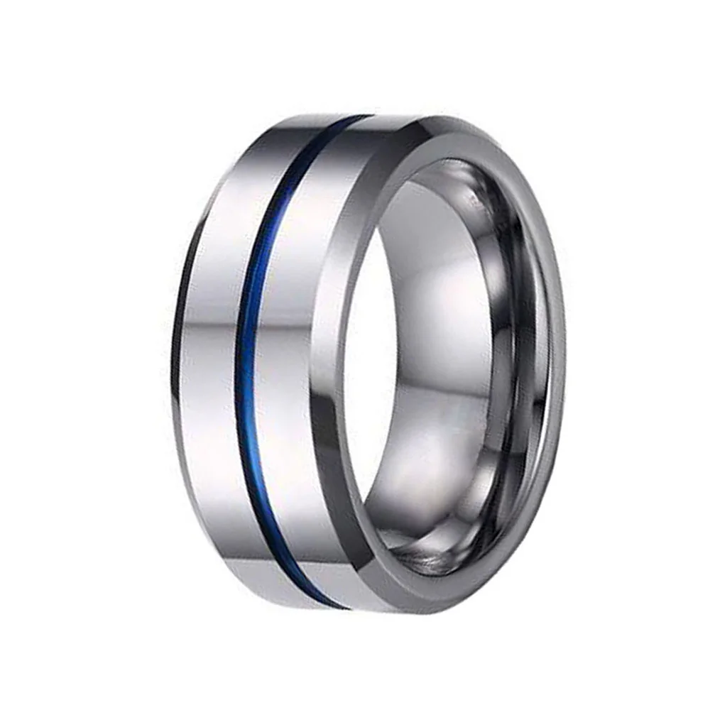 6MM 8MM Mens Silver Polish Finish Tungsten Carbide Blue Thin Groove Wedding Bands