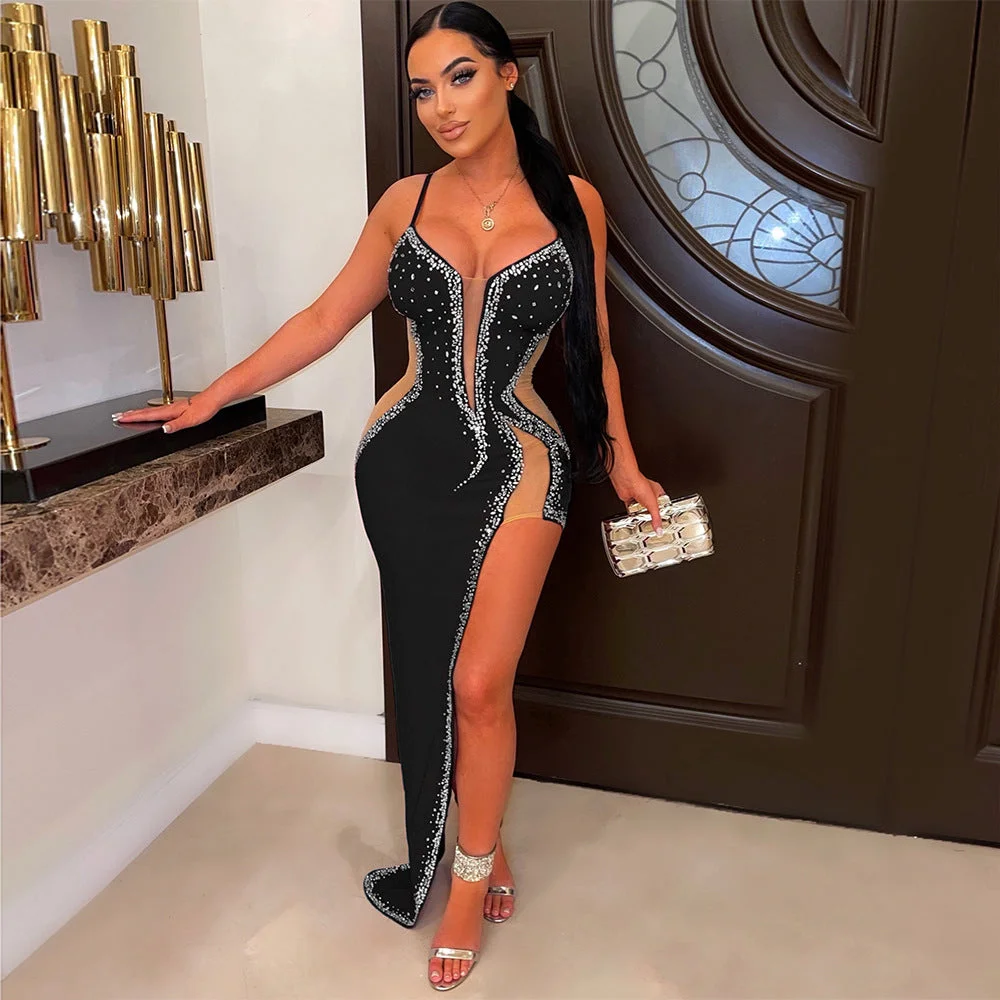 Neosepa-Spaghetti Straps Low Cut Sleeveless Diaphanous Tulle Rhinestones Slit Gown