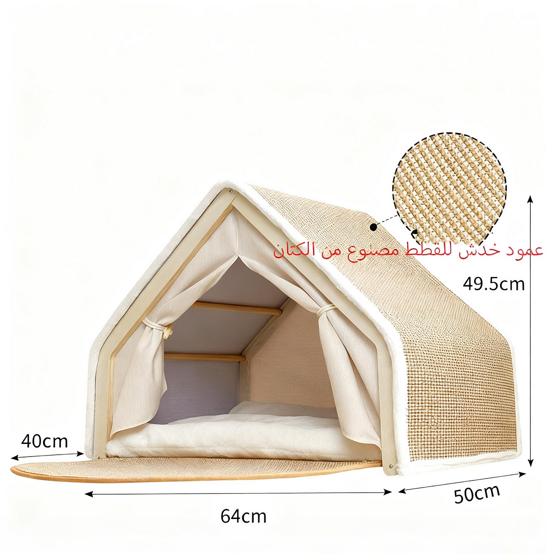 فيلا قطط مع سقف يحتوي على عمود خدش من الكتان وسجادة خدش قابلة للطي.