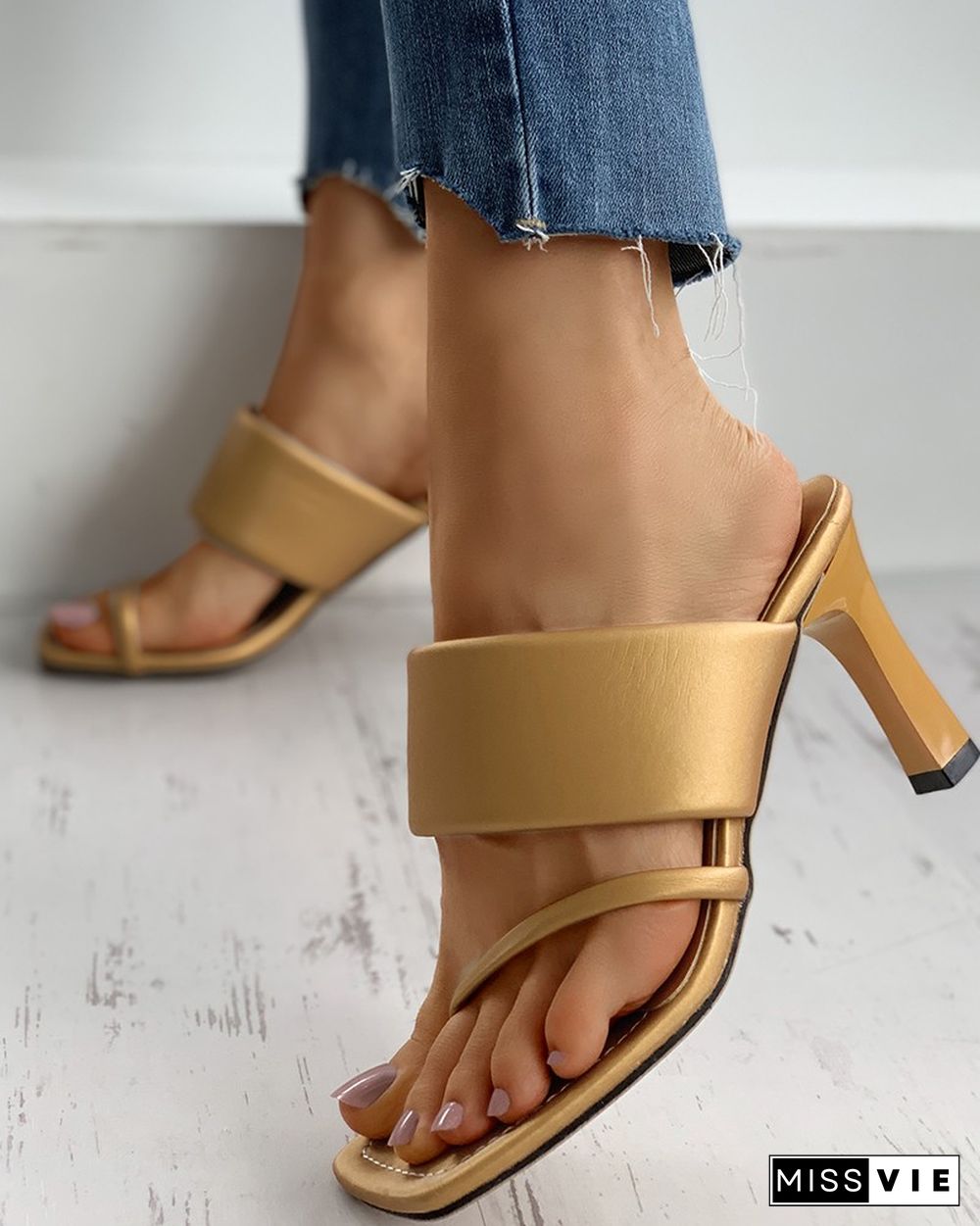 Square Toe Post Heel Mule Sandals