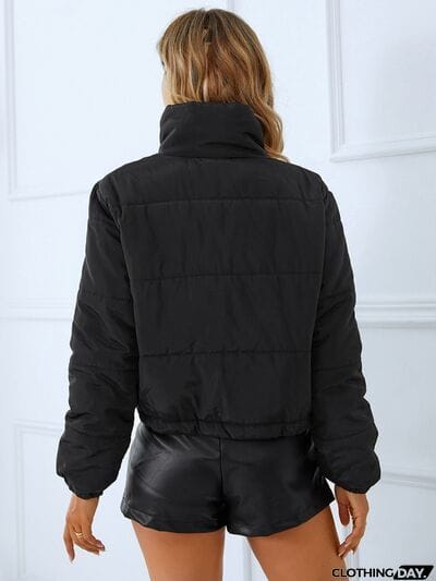 Snap and Zip Closure Drawstring Cropped Winter Coat