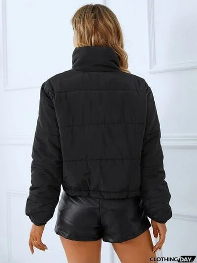 Snap and Zip Closure Drawstring Cropped Winter Coat