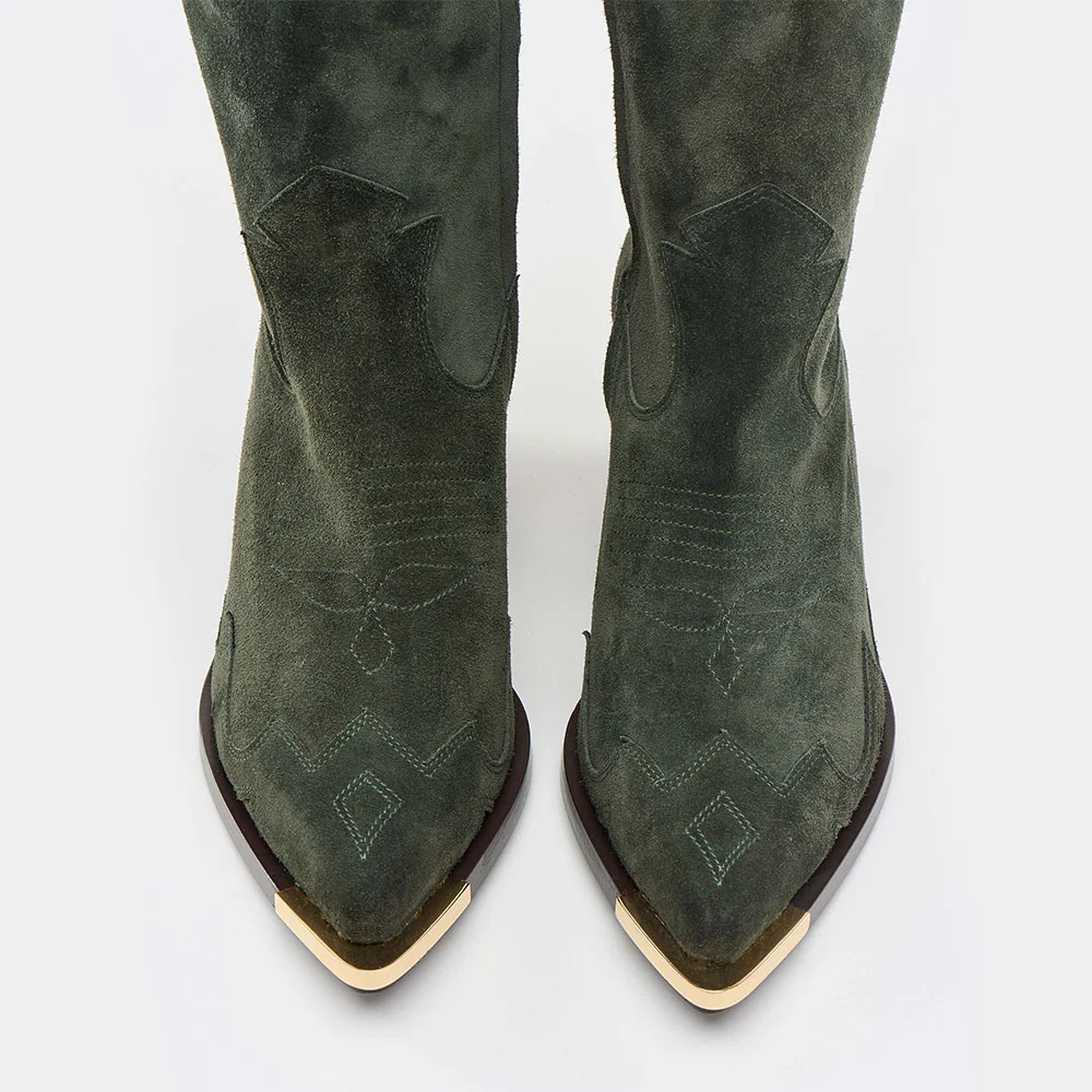 Green Mid Calf Embroidered Pointed Toe Vegan Suede Cowboy Boots