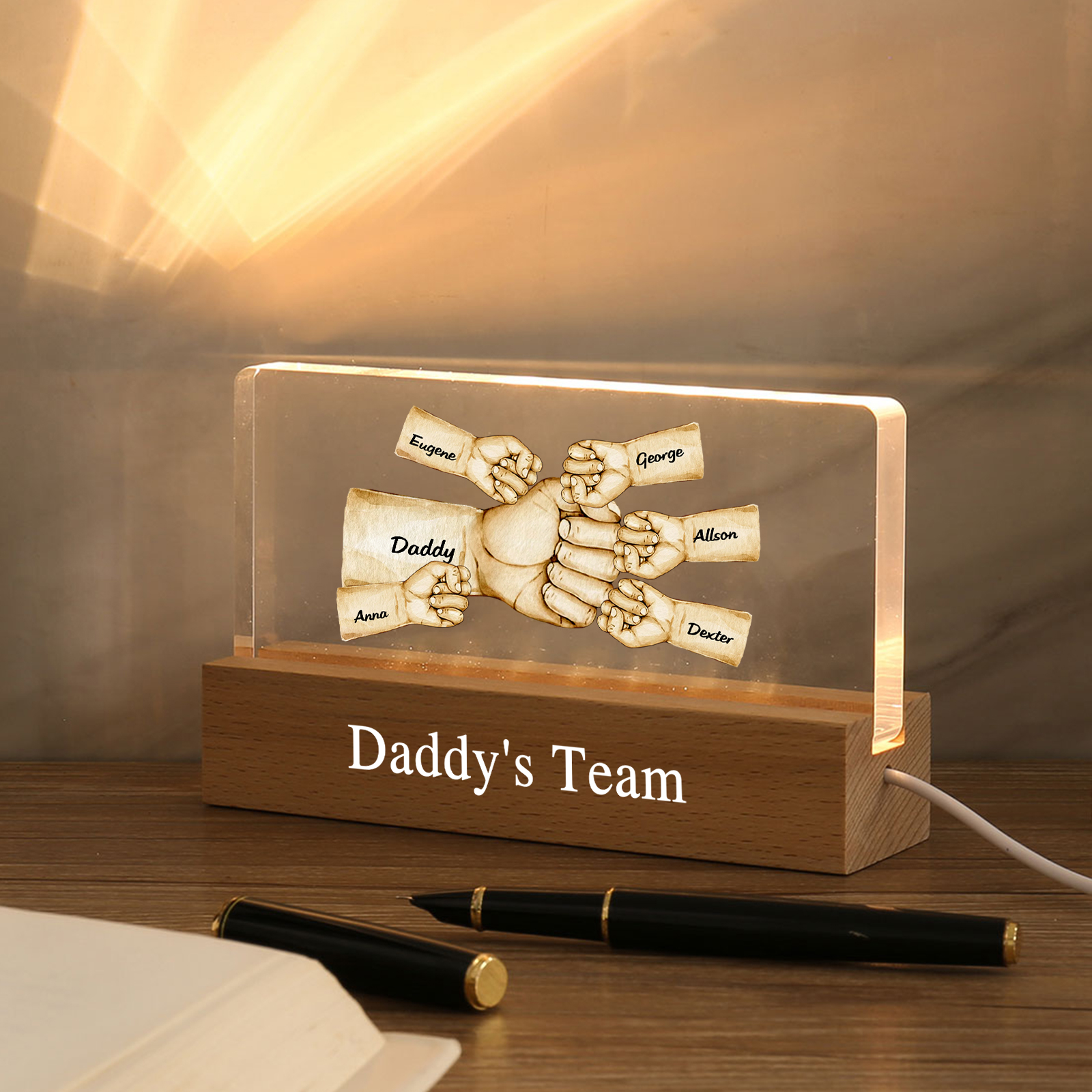 6 Names - Personalised Fist Bump Pattern Table Lamp Customized Text Father's Day Gift for Dad