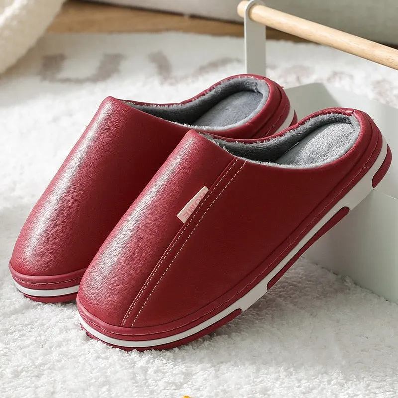 Leather Slippers Waterproof Women's Slippers for Home Velvet Plush Fur Slippers Couple Bedroom Slippers Soft Shoes for Home