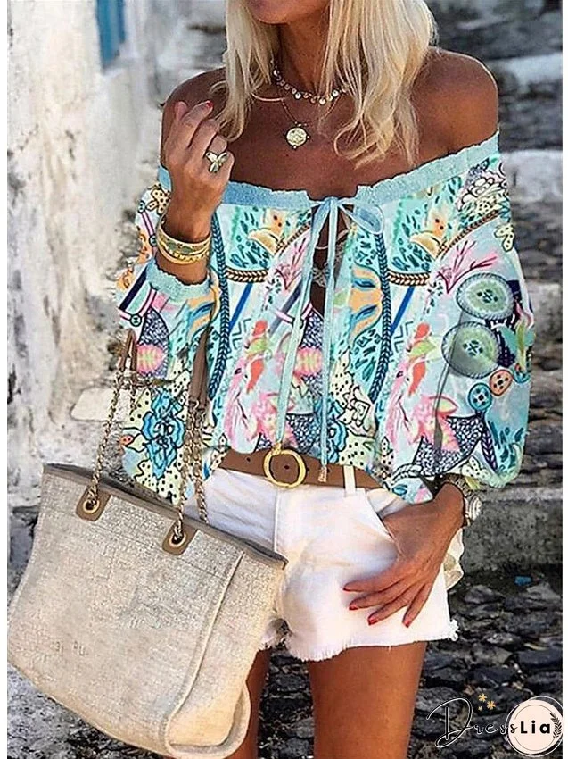 Shirt Going Out Tops Blouse Concert Tops Black White Navy Blue Floral Butterfly Lace up Off Shoulder Long Sleeve Holiday Weekend Ethnic Boho Off Shoulder Regular S for Women