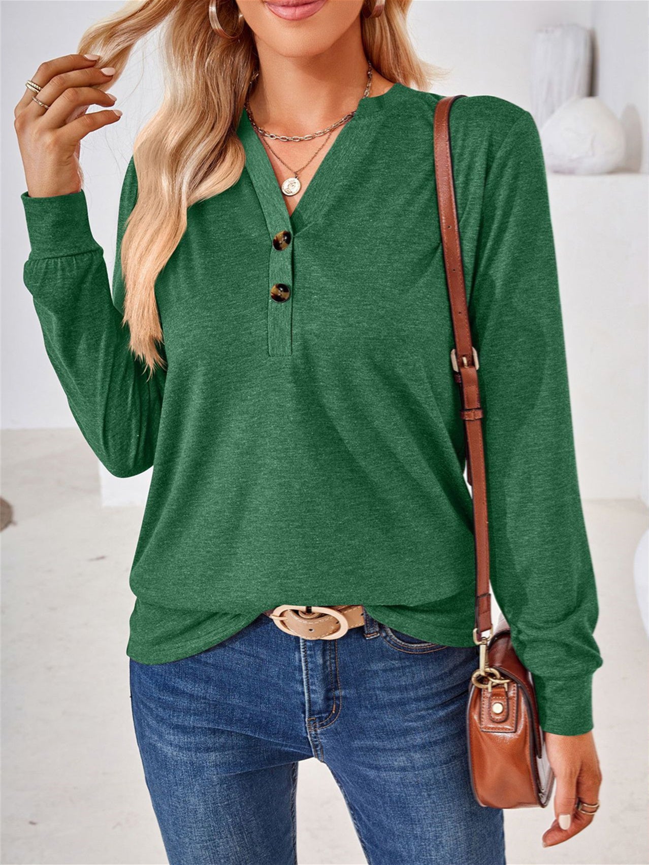 Women's Stitching Button Solid Color V-Neck Long Sleeve Top