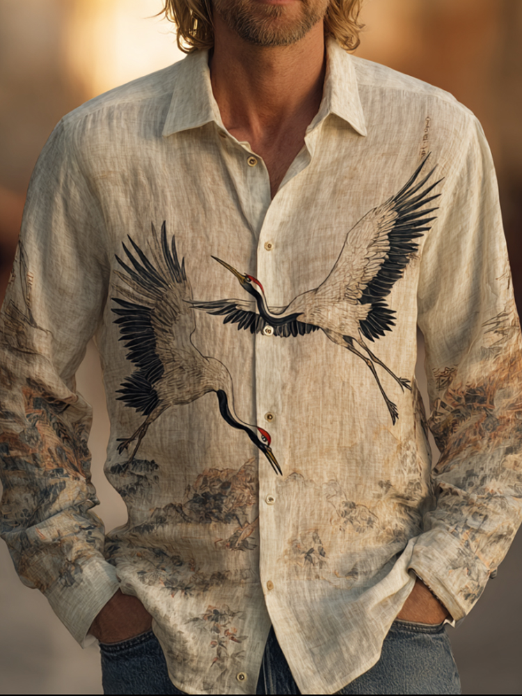 Japanese Playful Crane Retro Linen And Cotton Collar Shirt  artssus