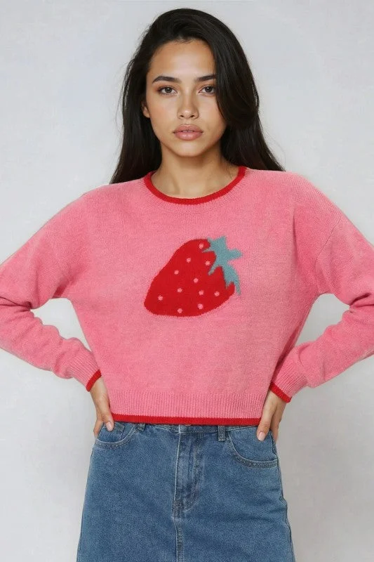 Miss Sparkling |Strawberry Print Knit Sweater