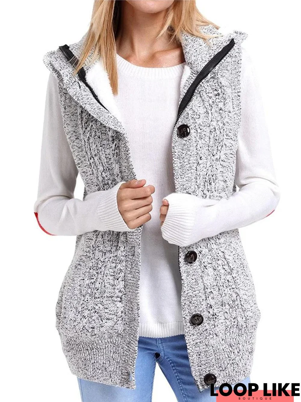 Women Casual Grey Knit Hooded Sweater Vest