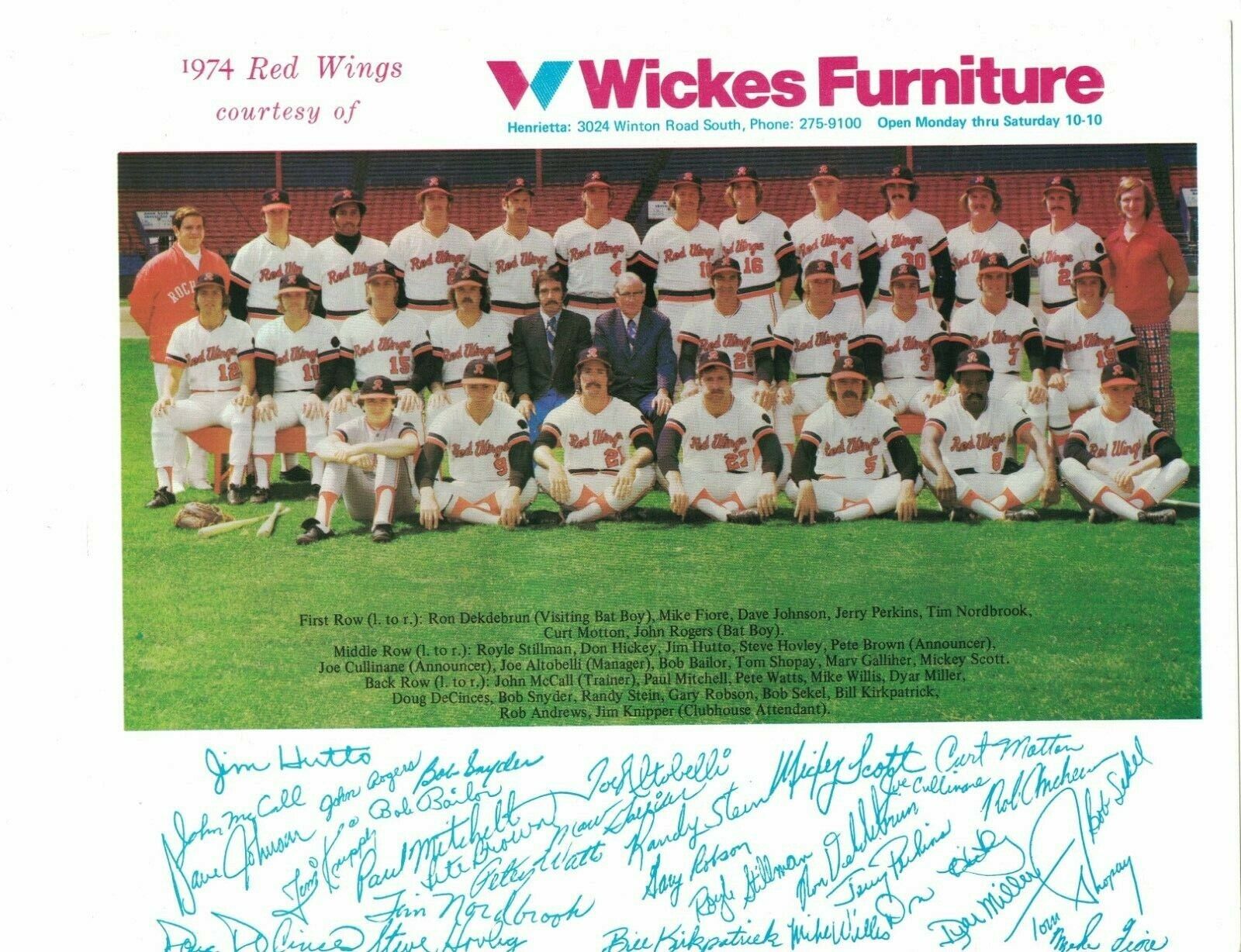 Original 1974 Rochester Red Wings Baseball Team Photo Poster painting Wickes Furniture RH