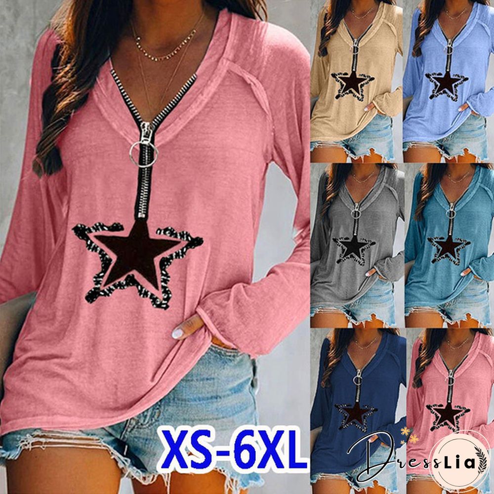 Womens Fashion Clothes Casual Spring Summer Long Sleeved T-shirts Zipper Tops Ladies Autumn Winter Deep V-neck Blouse Plus Size Loose Cotton Shirts